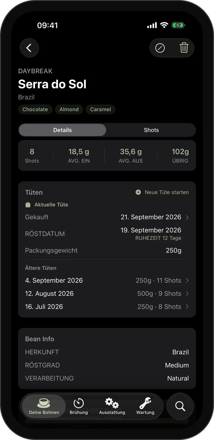 Bohnen-Detailansicht der Dialed-In-App