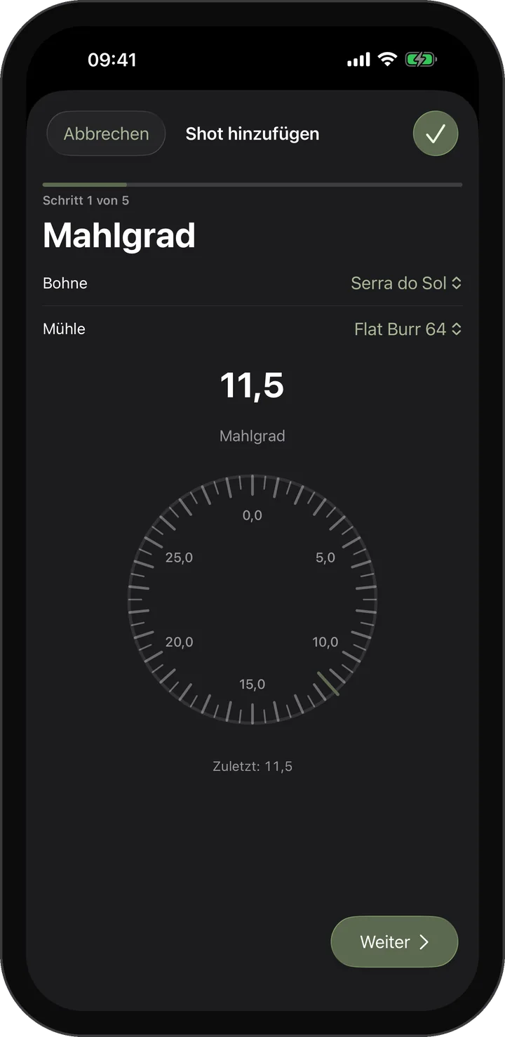 Mahlrad-Ansicht der Dialed-In-App