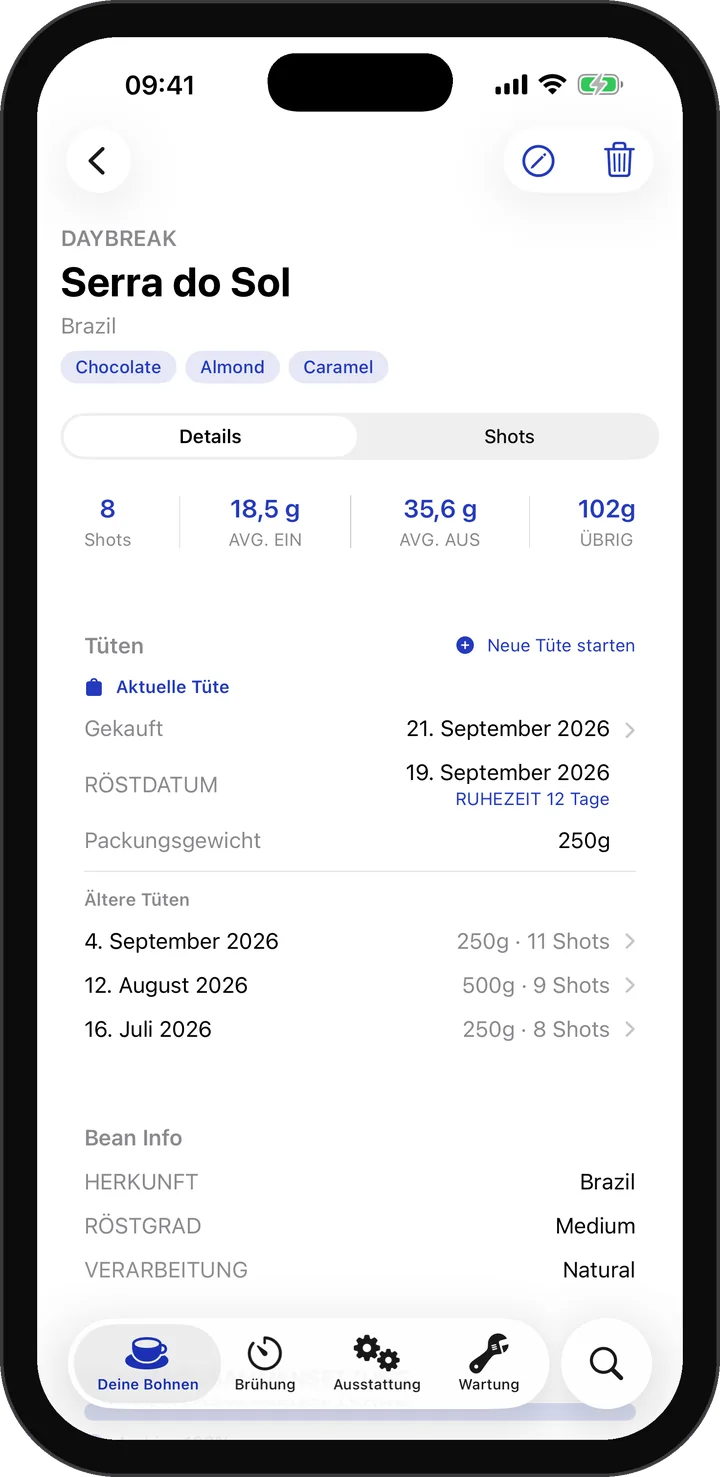 Bohnen-Detailansicht der Dialed-In-App