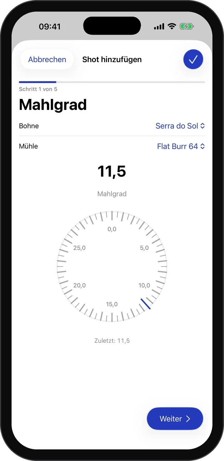 Mahlrad-Ansicht der Dialed-In-App